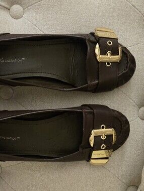 GENERATION Y Women's Dark CranberryBrown Leather Loafers with Gold Buckle Accent